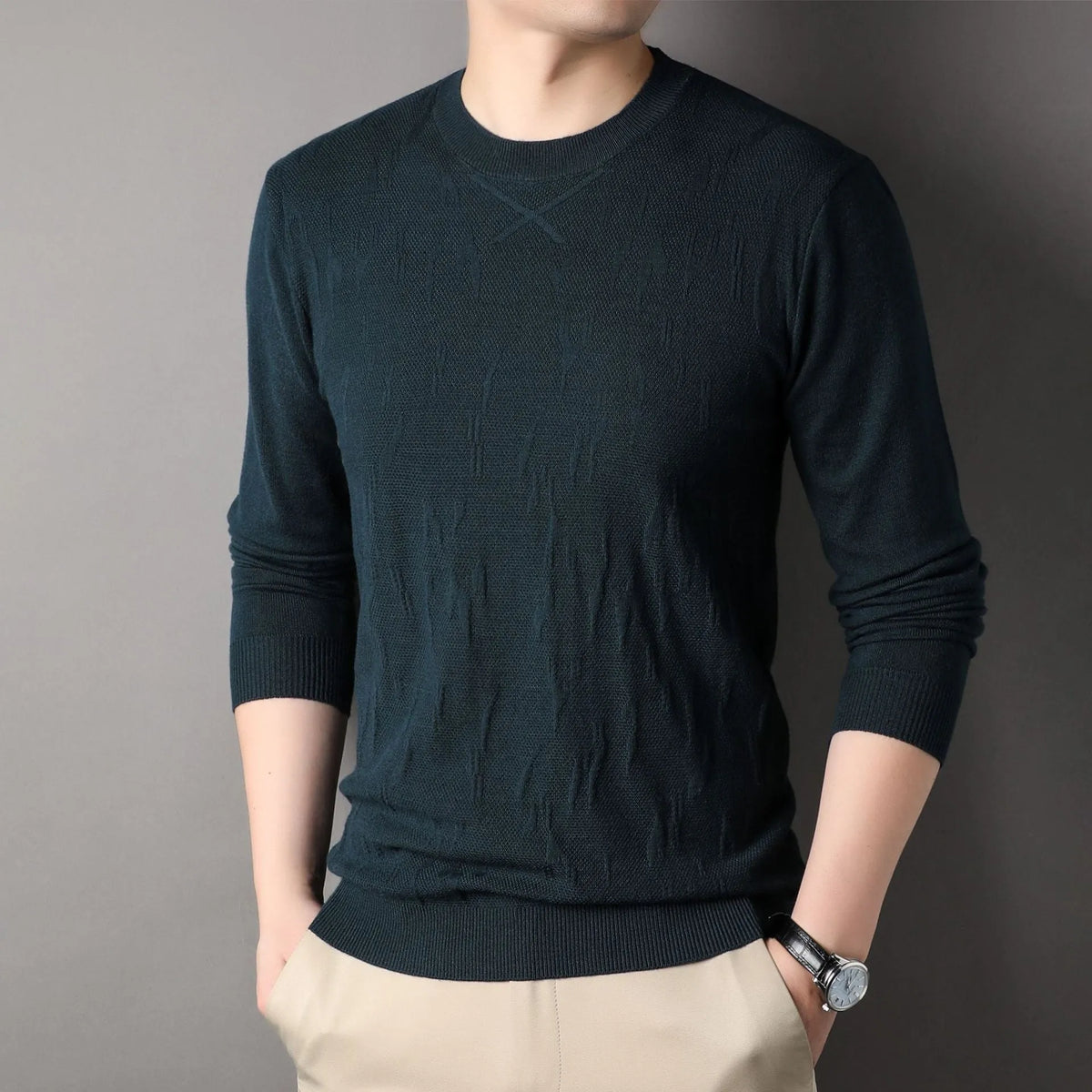 Loose fit mens solid colour polyester fibre long sleeve sweater in black, front view