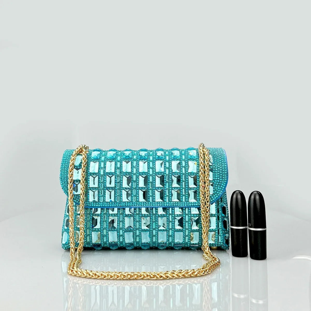 Shiny glass rhinestone chain clutch bag in horizontal square shape with internal phone pocket