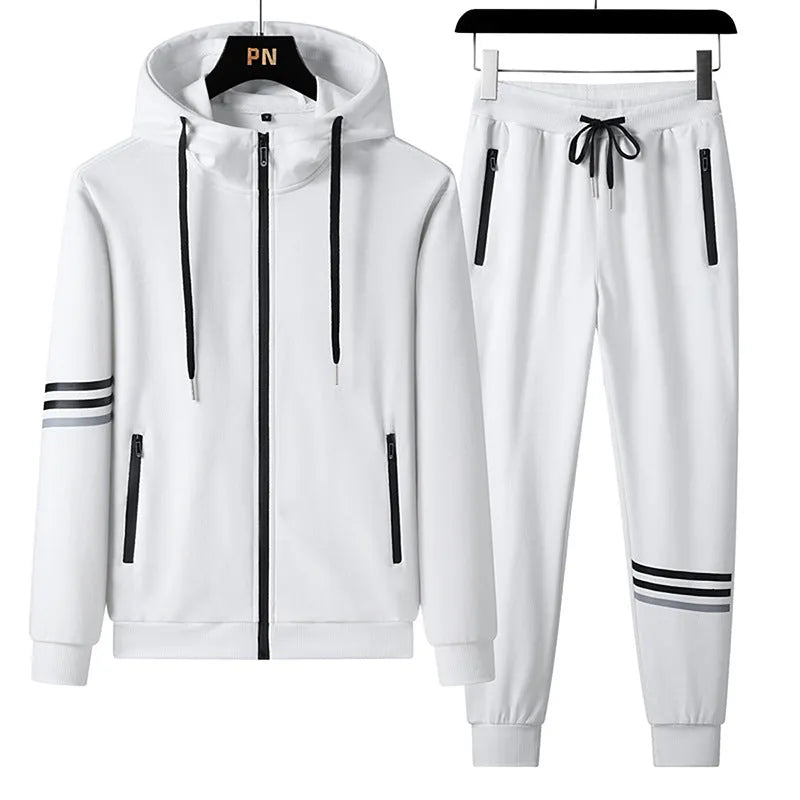 Men's cotton hooded sweatshirt and trousers two-piece set in grey, black, green, blue or white, sizes L to 6XL.
