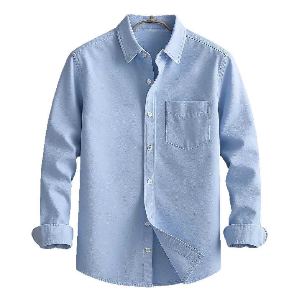 Men's business shirt in solid blue, loose fit cardigan style, size S to 4XL, 40 thread count
