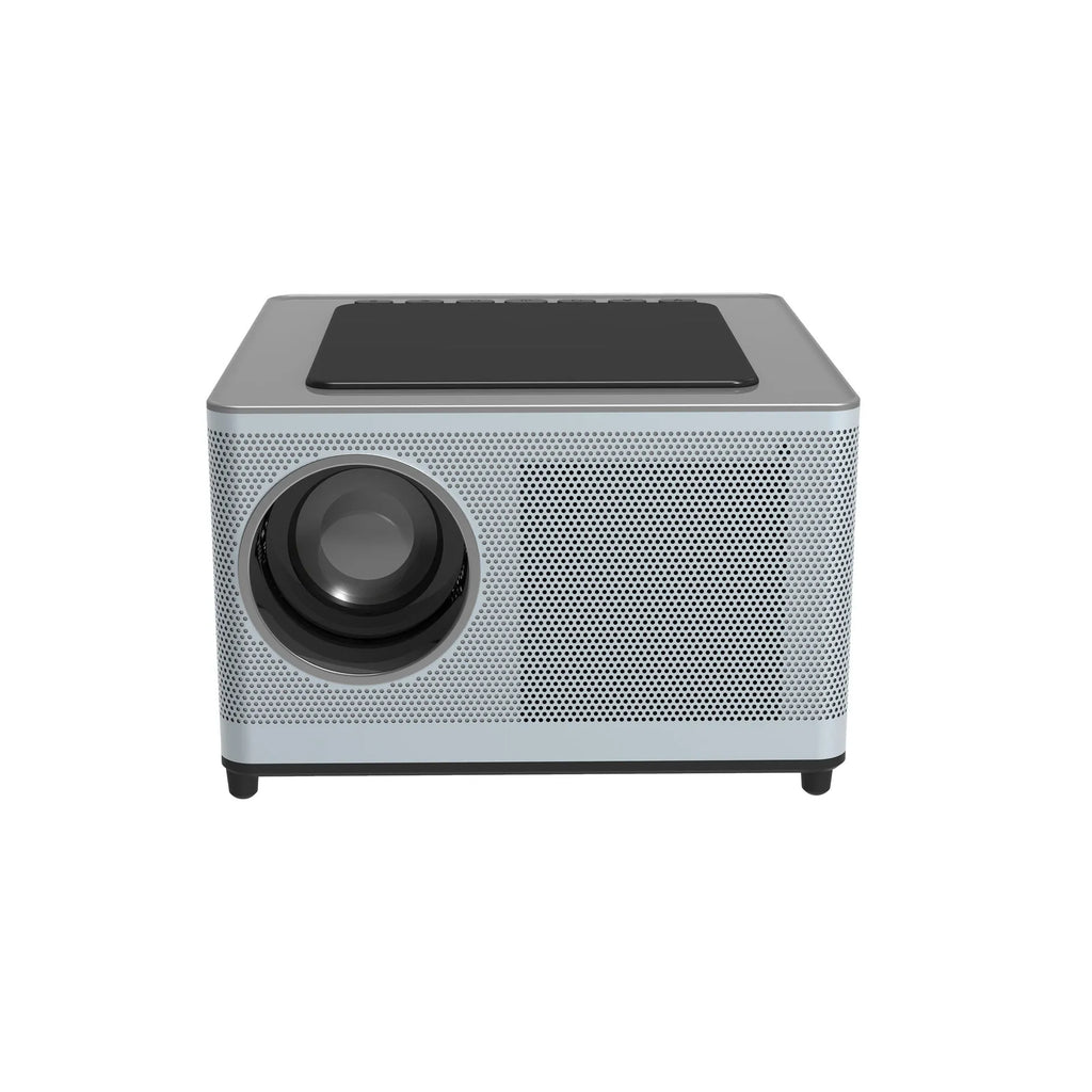 Mini portable projector with 400 ANSI brightness and 200-inch projection on a white wall in a dim room