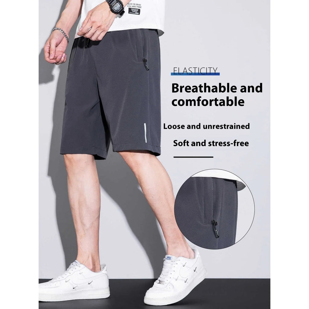 Men's thin ice silk quick-dry polyester running shorts in black, straight cut, front view