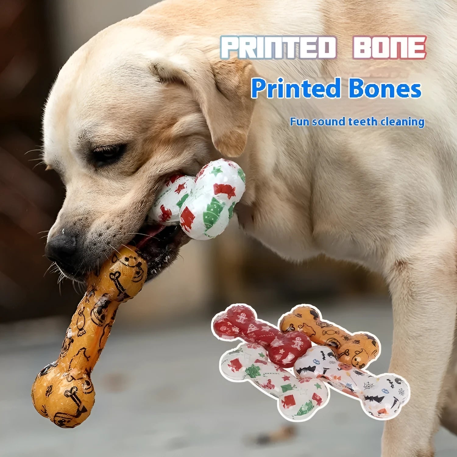 TPR printed bone dog chew toy in red or orange festive colours