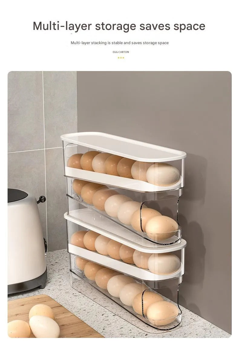 Clear plastic slide-out egg tray dispenser holding 12 eggs on refrigerator side door shelf