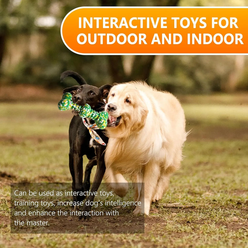 Green, white, and yellow camouflaged natural rubber bone chew toy for large dogs on a wooden surface.