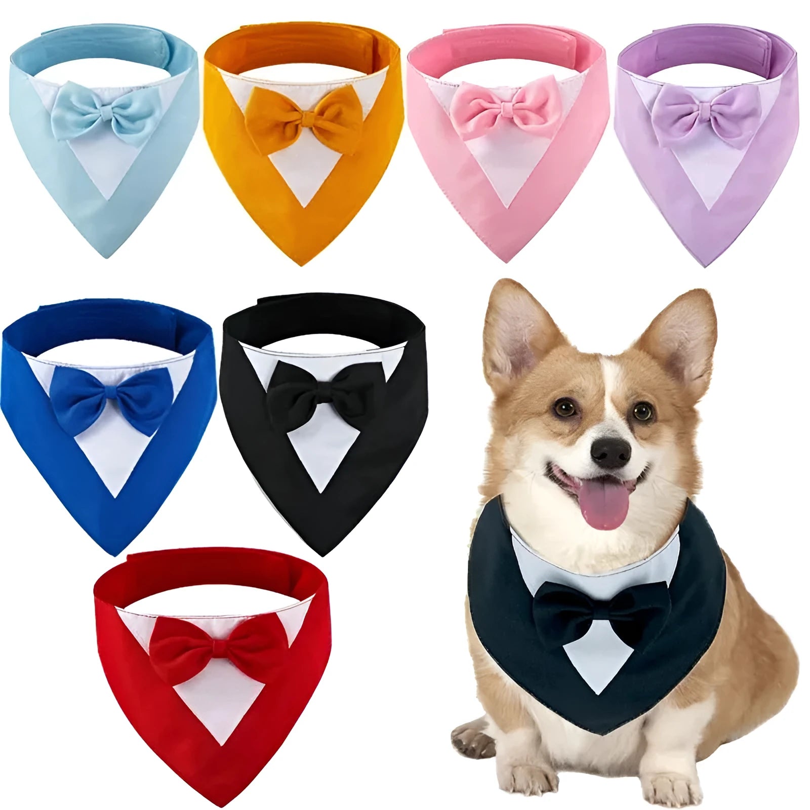 Soft triangular pet bib scarf in a solid colour, shown with elastic loop for attaching to a dog collar.