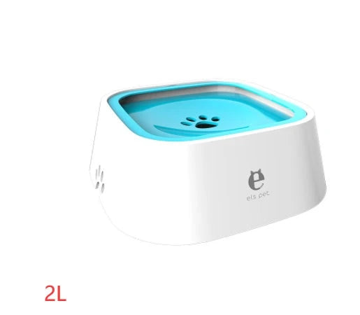 Spill-proof floating pet water bowl with slow feeder design, available in various colors and sizes