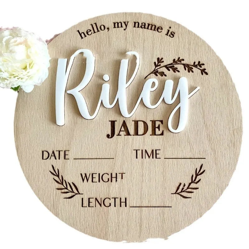Square wooden baby name plaque showing birth information with 15cm dimensions