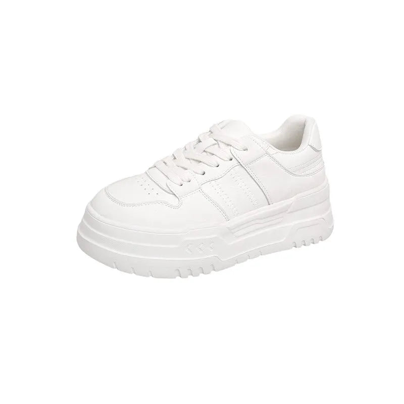 White platform height increasing lace up sports board shoes for women, low top cowhide, 6-8cm heel