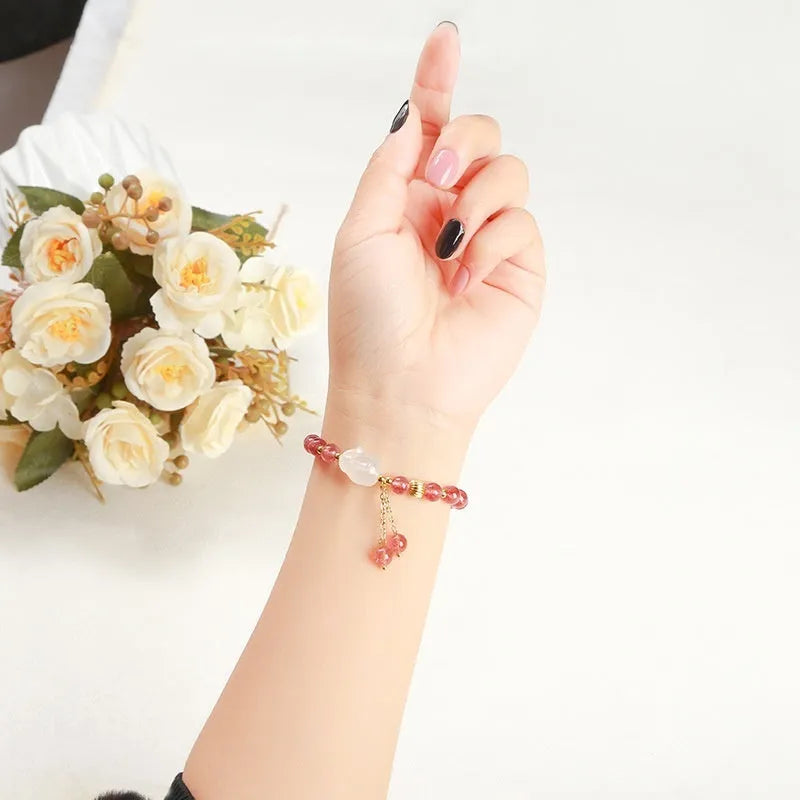 Natural strawberry quartz and agate bracelet with 6mm geometric white rabbit beads
