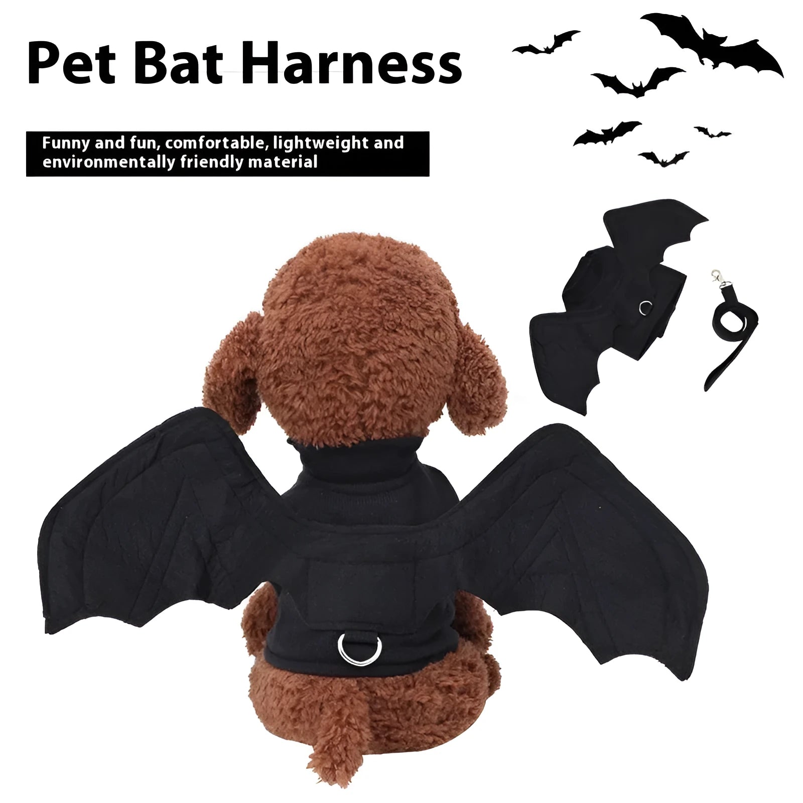 Black bat wing Halloween costume accessory for dogs on grass