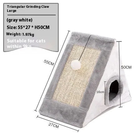 Triangular cat bed with integrated sisal scratching post in grey-white and light brown-beige colour options