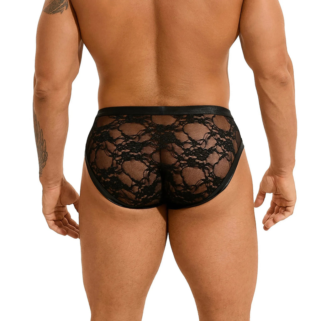 Men's black faux leather briefs with lace-up front detailing and stitching accents
