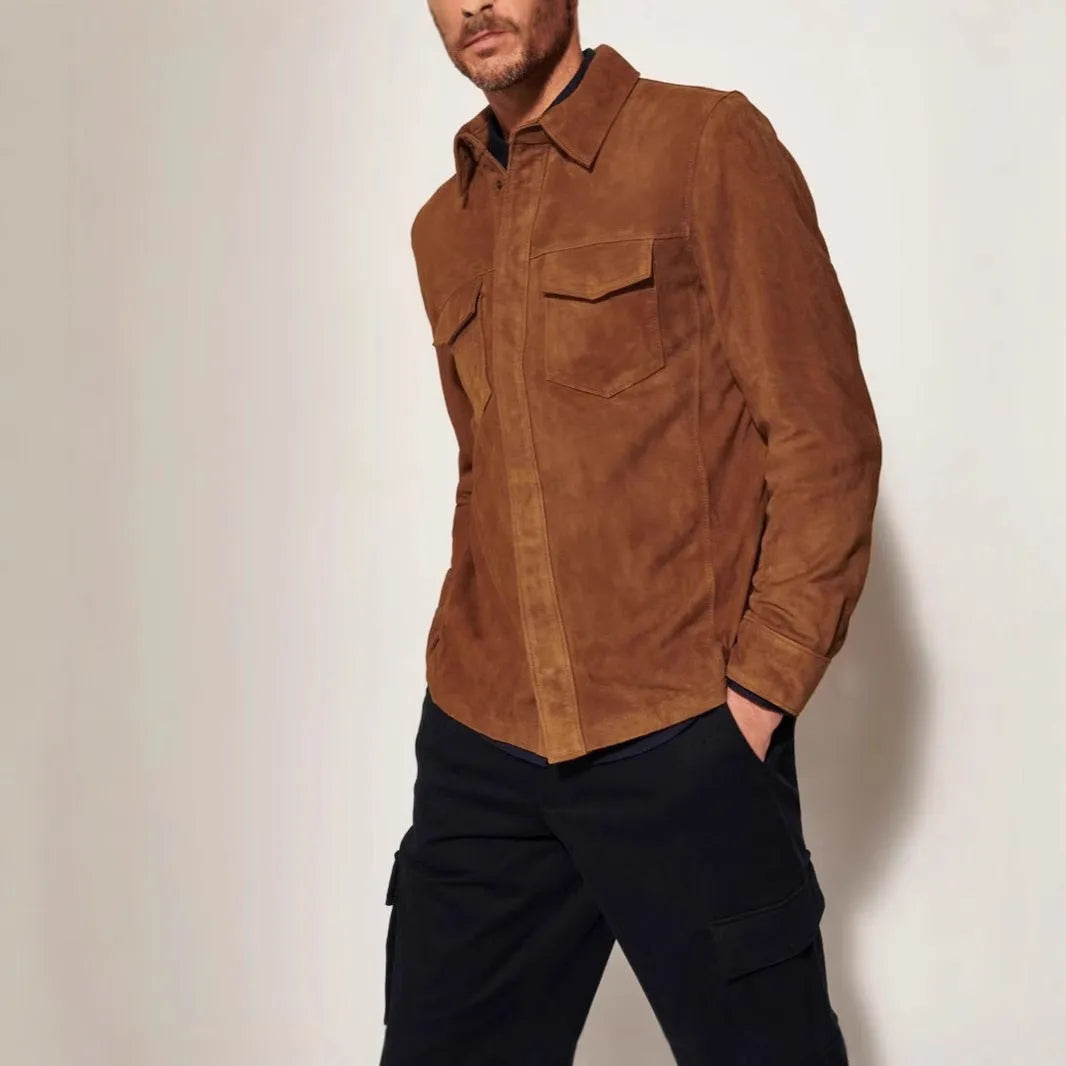 Noah suede shirt jacket men's coat in brown, red, and green polyester fibre regular fit