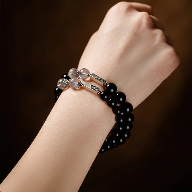 Obsidian Buddha beads couple bracelet DIY kit showing 8mm and 10mm beads with national style design