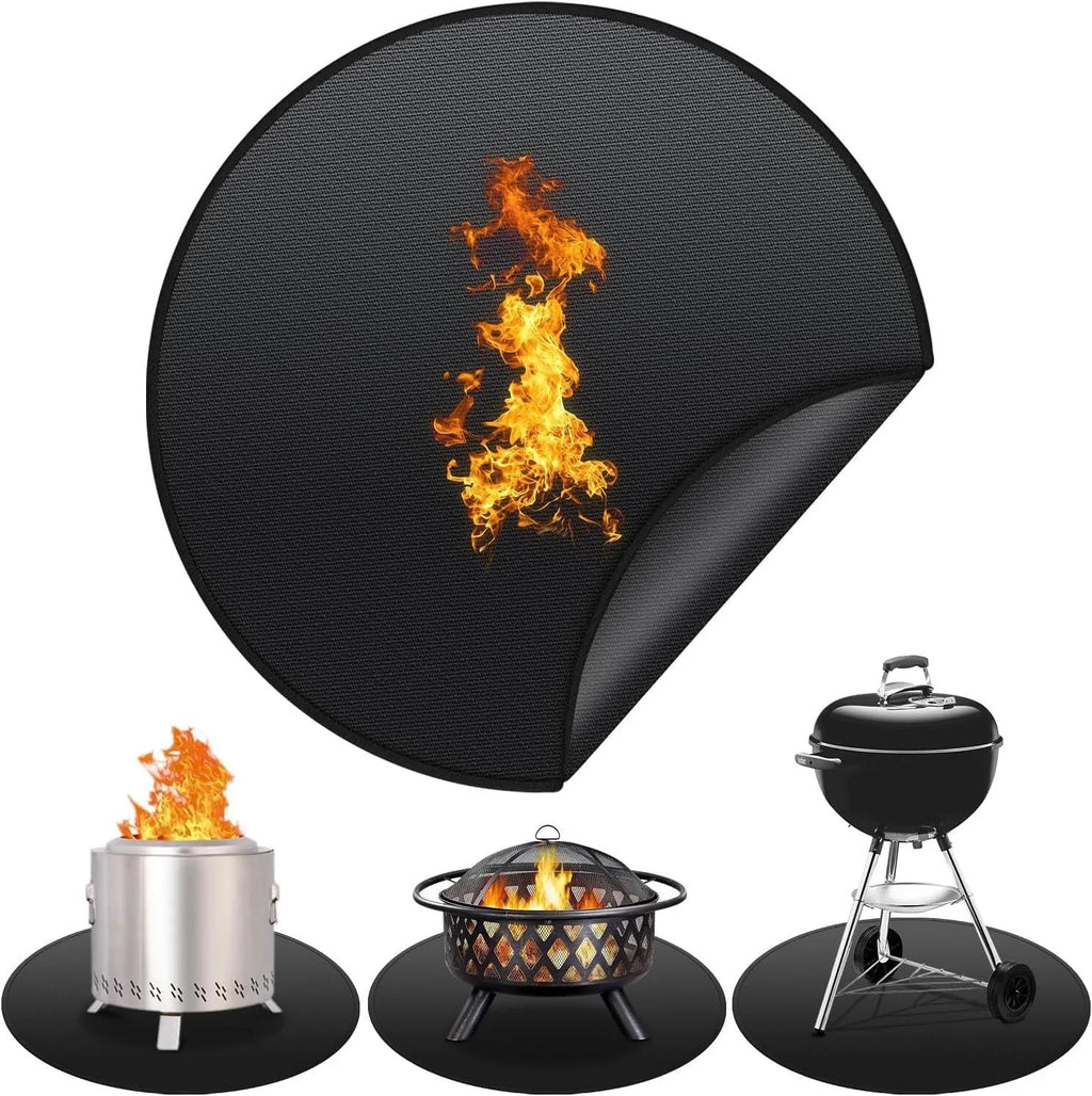 Black round barbecue fireproof mat with oil-resistant surface on a garden patio