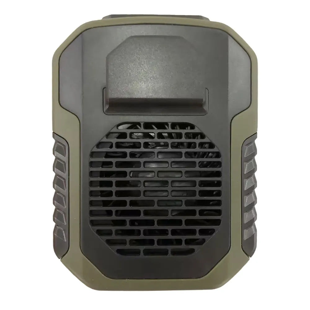 Green waist hanging fan with neck strap showing USB charging port and leafless blade design
