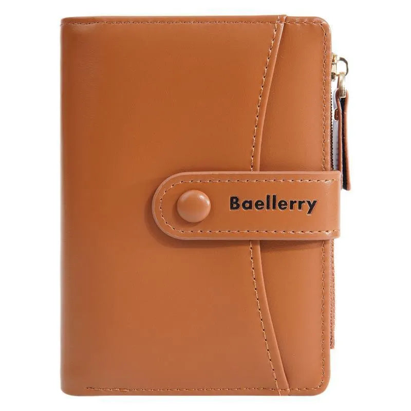 Women's short wallet in PU leather, shown in one of six available colours: pink, black, yellow, blue, apricot, or brown.