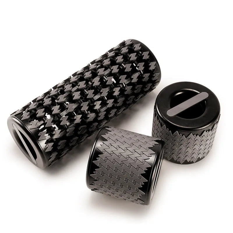 Adjustable telescopic foam roller in black colour showing three-section PVC construction