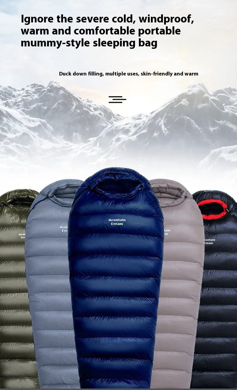Ultralight mummy-style sleeping bag in army green colour with white duck down filling and 400T nylon fabric.