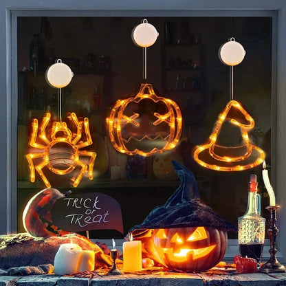 Halloween Window Hanging LED Lights with spooky designs of spiders, pumpkins, and ghosts