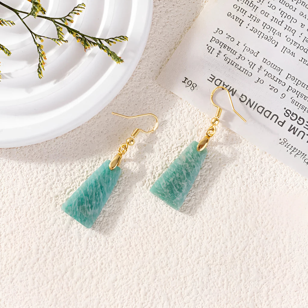 Amazonite rough stone trapezoid earrings in gold or silver with geometric octagon and quadrangle pastoral design.