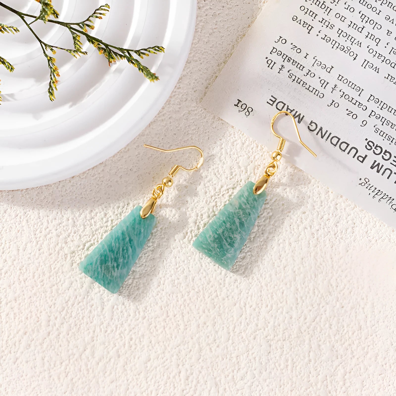 Amazonite rough stone trapezoid earrings in gold or silver with geometric octagon and quadrangle pastoral design.