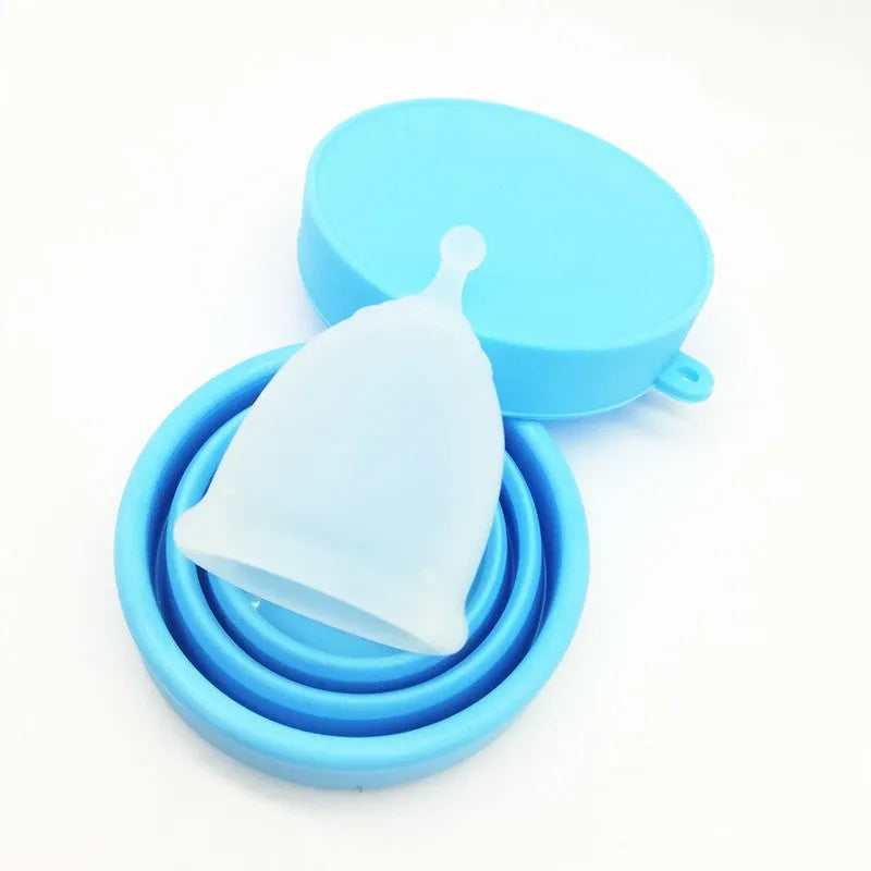 Medical grade silicone menstrual cup in black, blue, pink, purple or transparent, sizes S 42mm and L 46mm, top type shape.