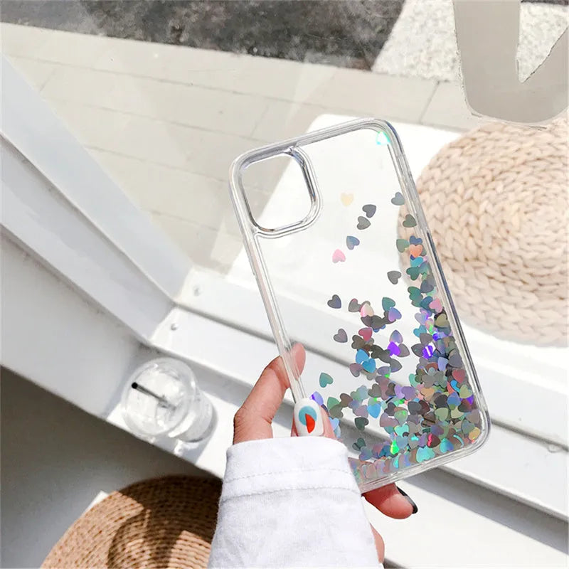 Quicksand flowing love silicone phone case transparent bumper TPU for iPhone Pink Red Silver