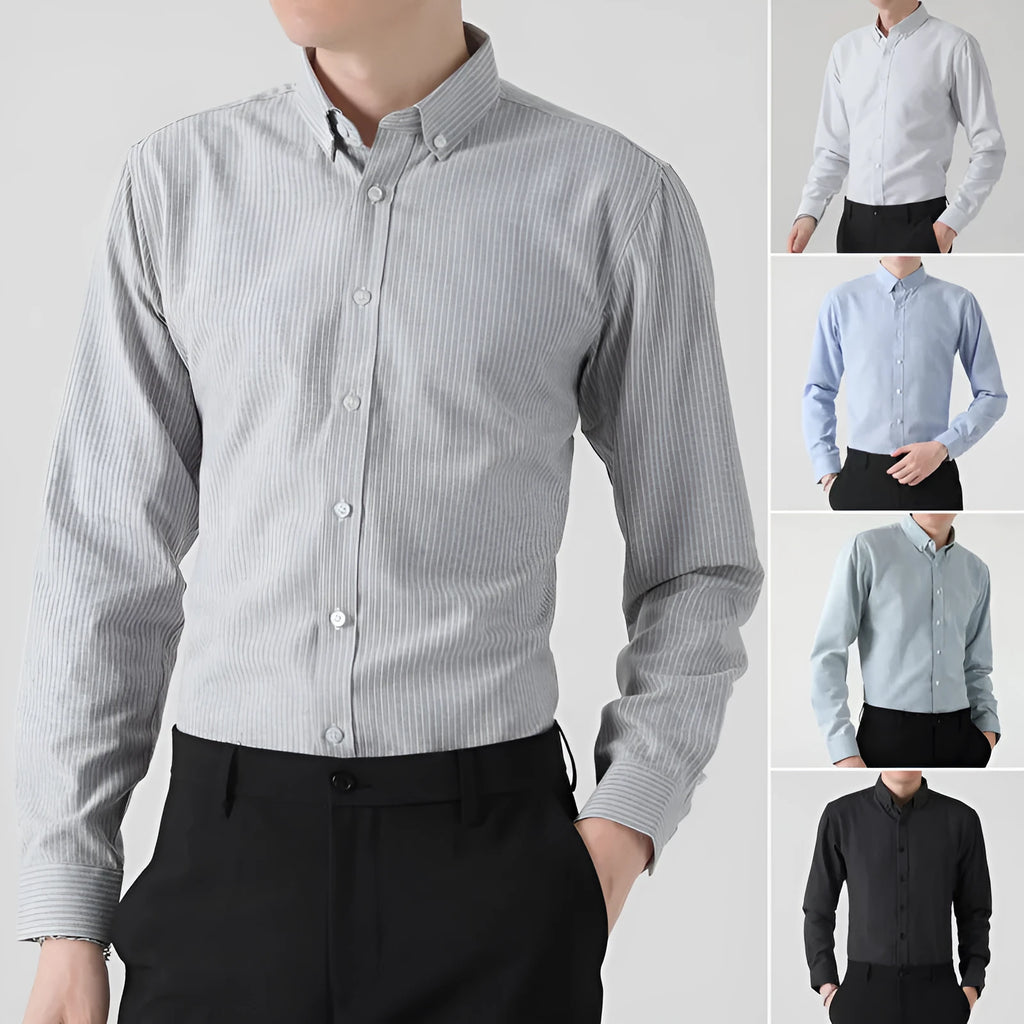 Casual men's long-sleeved cotton Oxford striped shirt in slim fit cardigan style, shown in blue