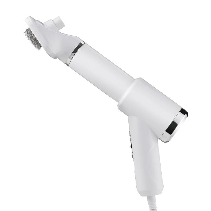 A beige pet hair dryer and a blue whirlpool comb for dog grooming and deshedding.