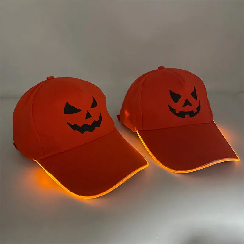 Halloween LED light-up cloth baseball cap showing pumpkin smile yellow light design