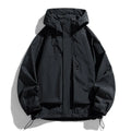Men's black waterproof windproof hooded jacket on a hanger, showing long sleeves and front zip.
