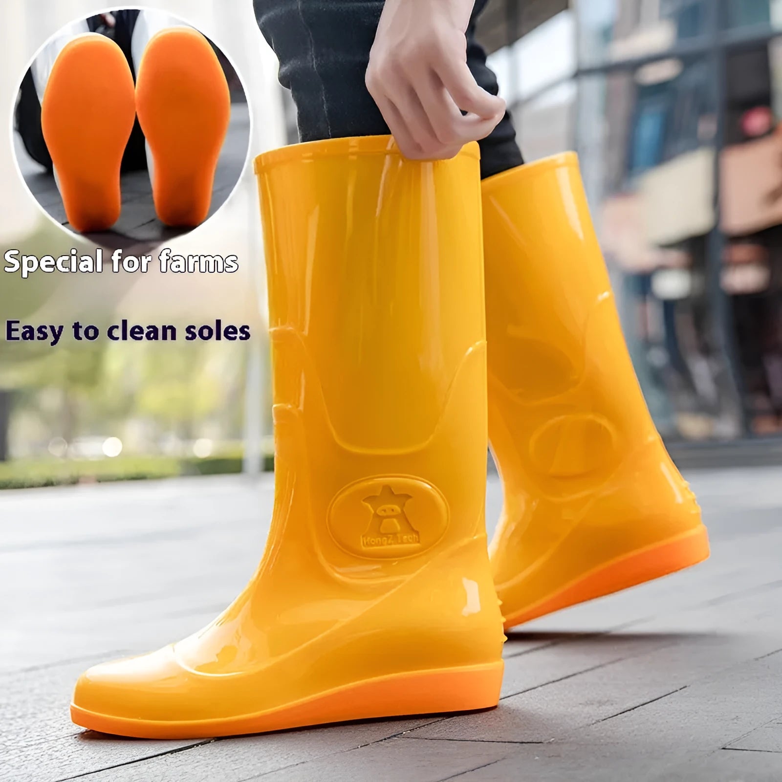 Men's white plastic high tube rain boots with a flat heel on a solid background.