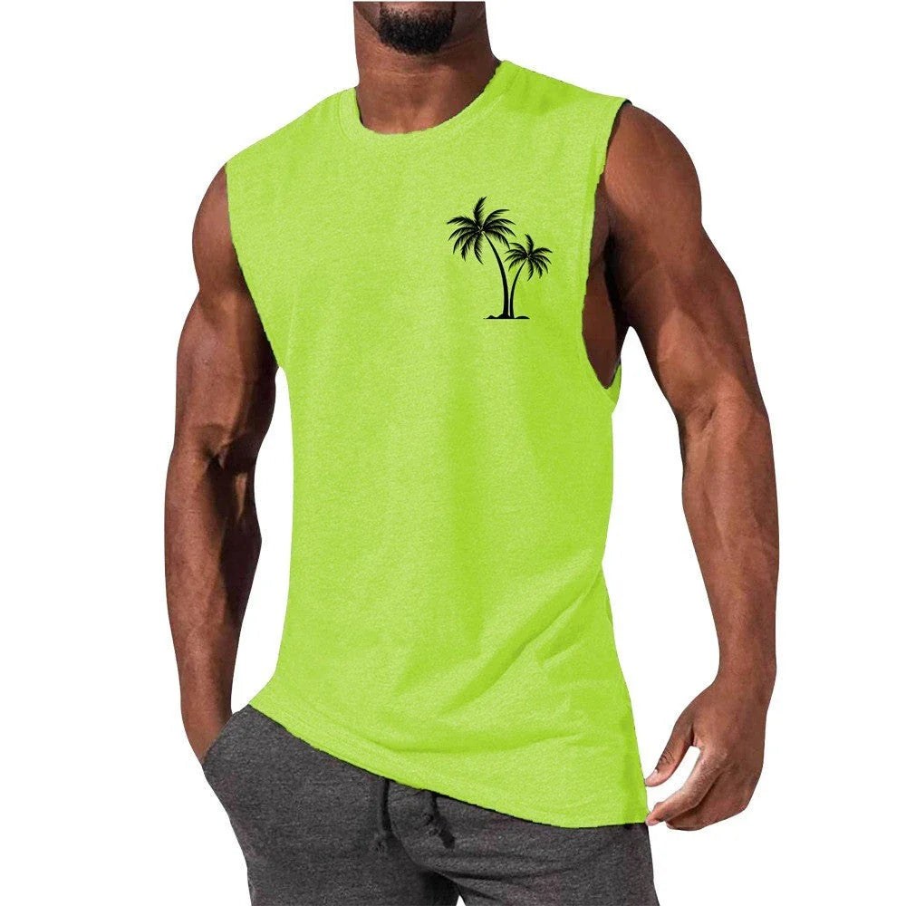 Stylish tropical tank top with coconut tree embroidery design, ideal for summer workouts and active lifestyles.