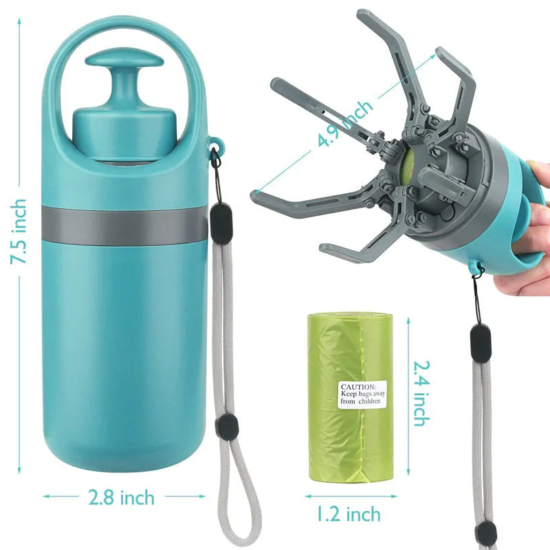 Blue portable dog pooper scooper with built-in bag dispenser and eight-claw shovel