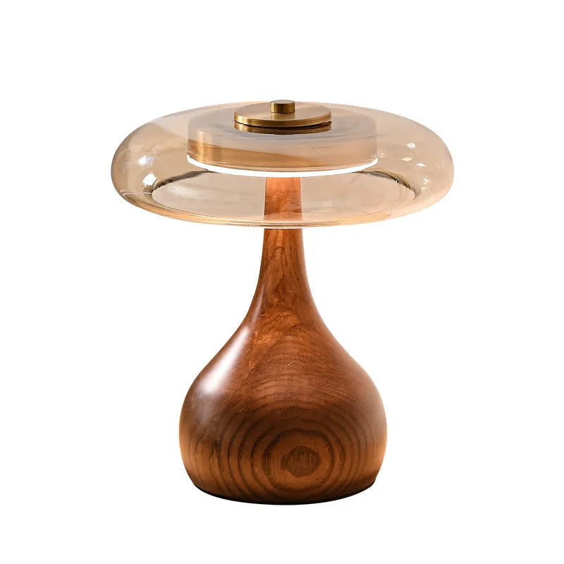 Solid wood Japanese retro bedside lamp with cognac fabric shade on wooden nightstand