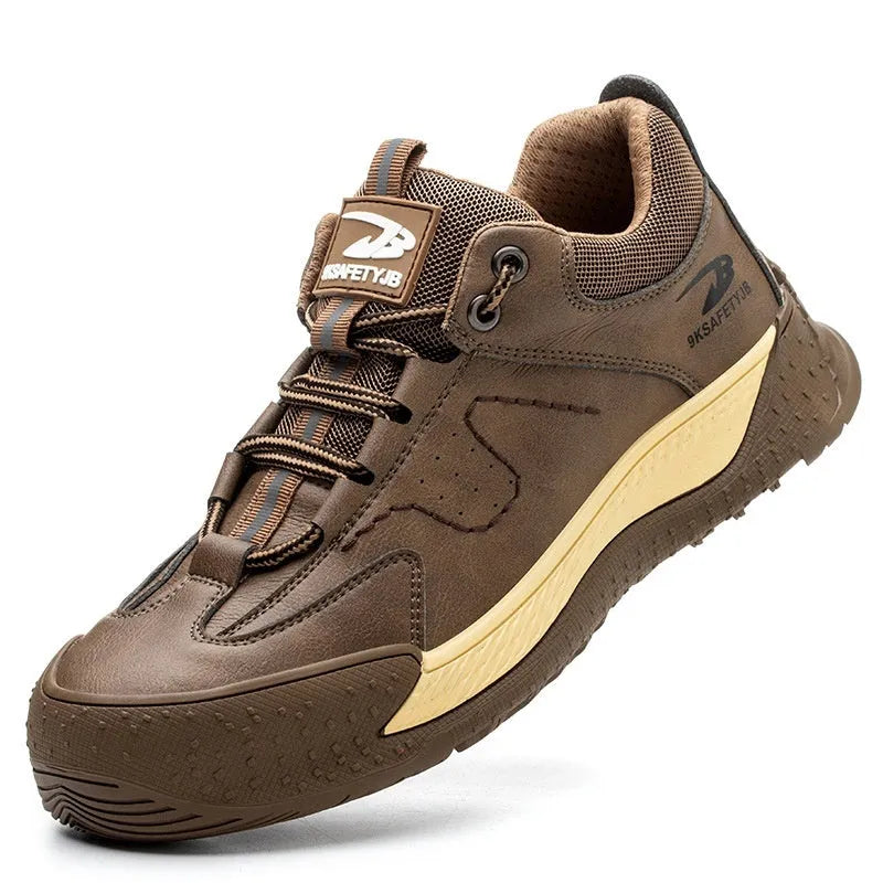 Flyknit safety work shoes in brown with leather upper and rubber sole