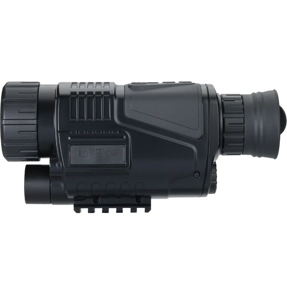 Black infrared digital night vision telescope with 40mm lens on a table with storage bag and cables.