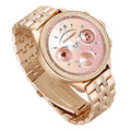 Gold smart watch with TFT screen featuring Bluetooth calling and health monitoring functions on a woman's wrist