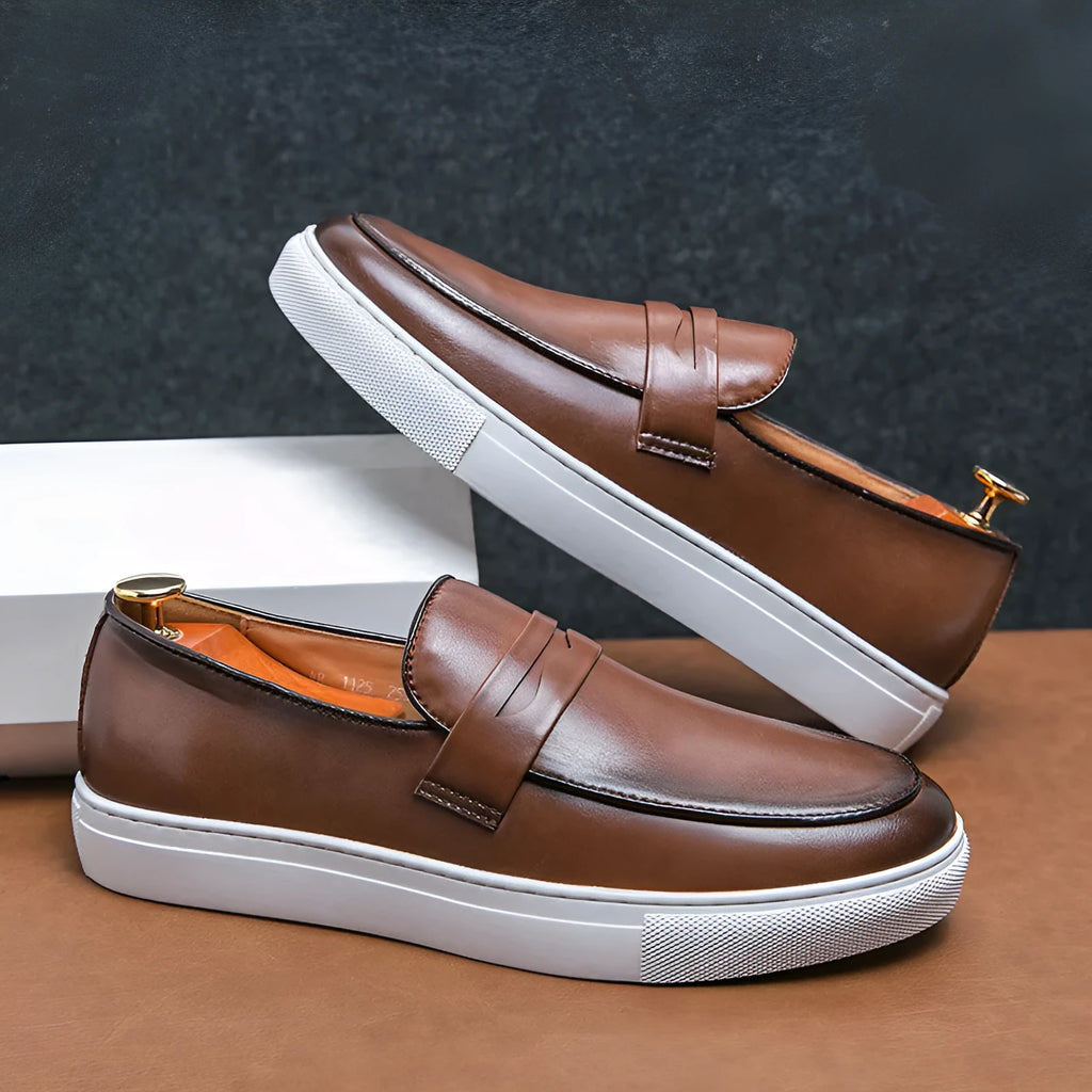 Plus size men's board shoes in black with round toe, flat heel, and artificial PU upper