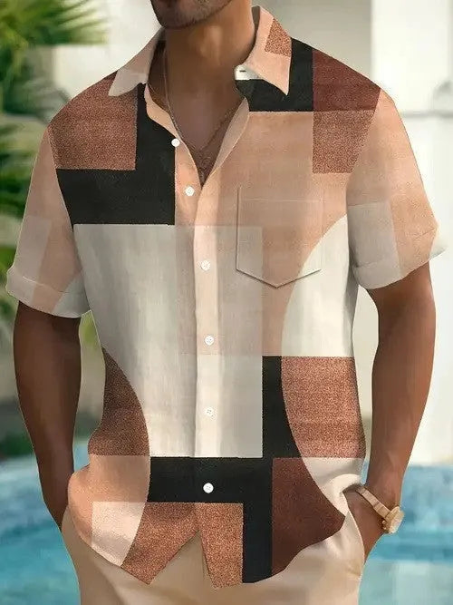 Men's retro geometric pattern cardigan shirt in loose fit with contrasting square design