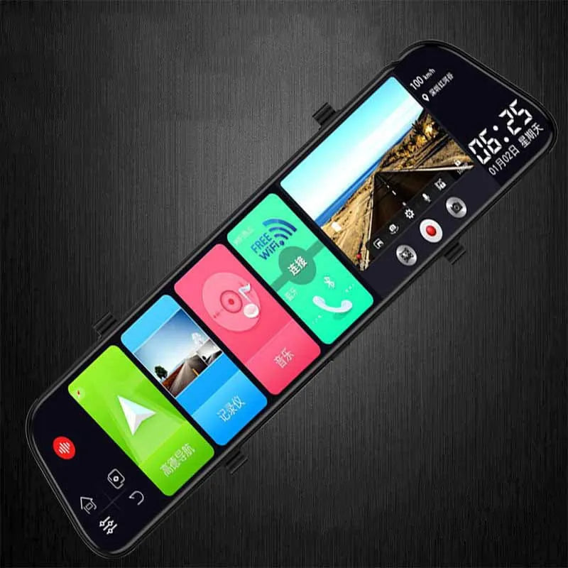 12-inch rearview mirror dash cam with touch screen display showing dual lens recording interface