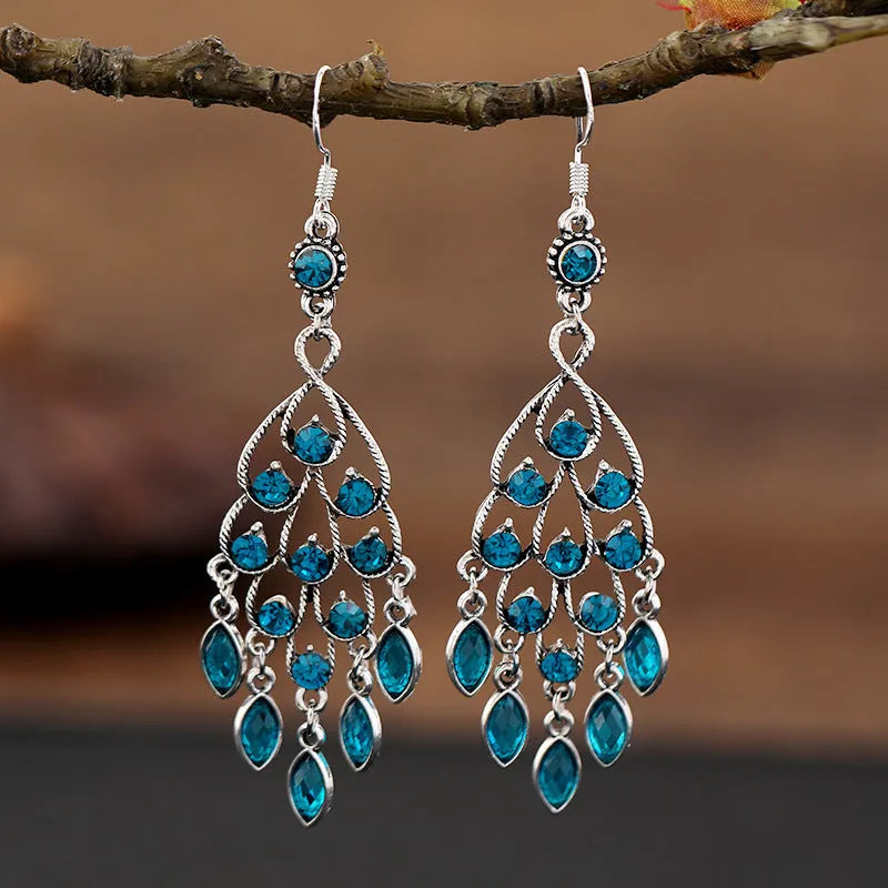 Retro court crystal long fringe earrings in drop shape Smart Water Drop Purple colour