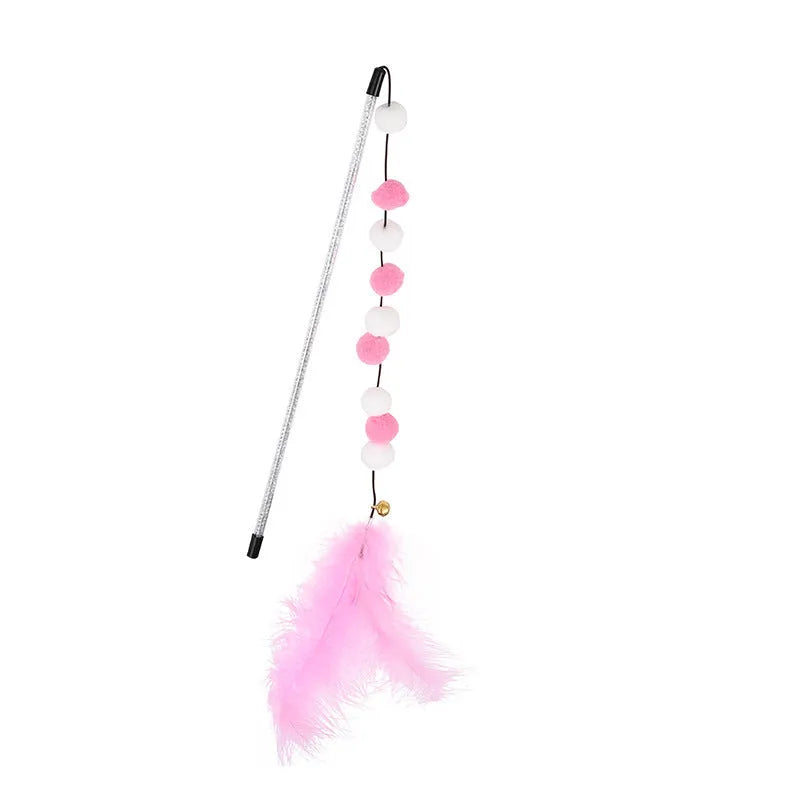 31cm long cat teaser rod with coloured acrylic pompons, feathers and bell attachment