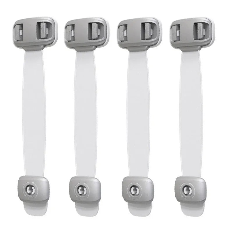 Adjustable child safety cabinet lock strap with 3M adhesive backing in grey colour