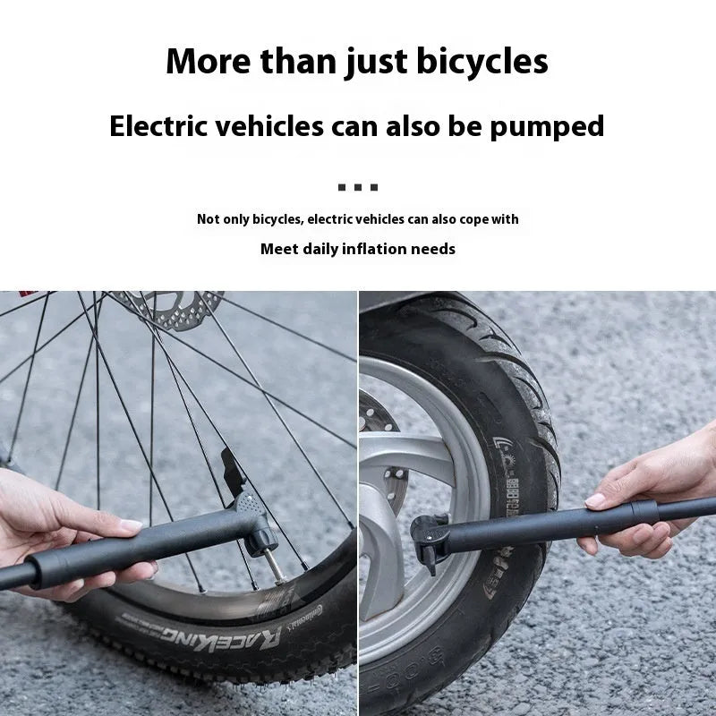 Portable mini bicycle tire inflator hand pump in black plastic, with valve nozzle, 80 PSI