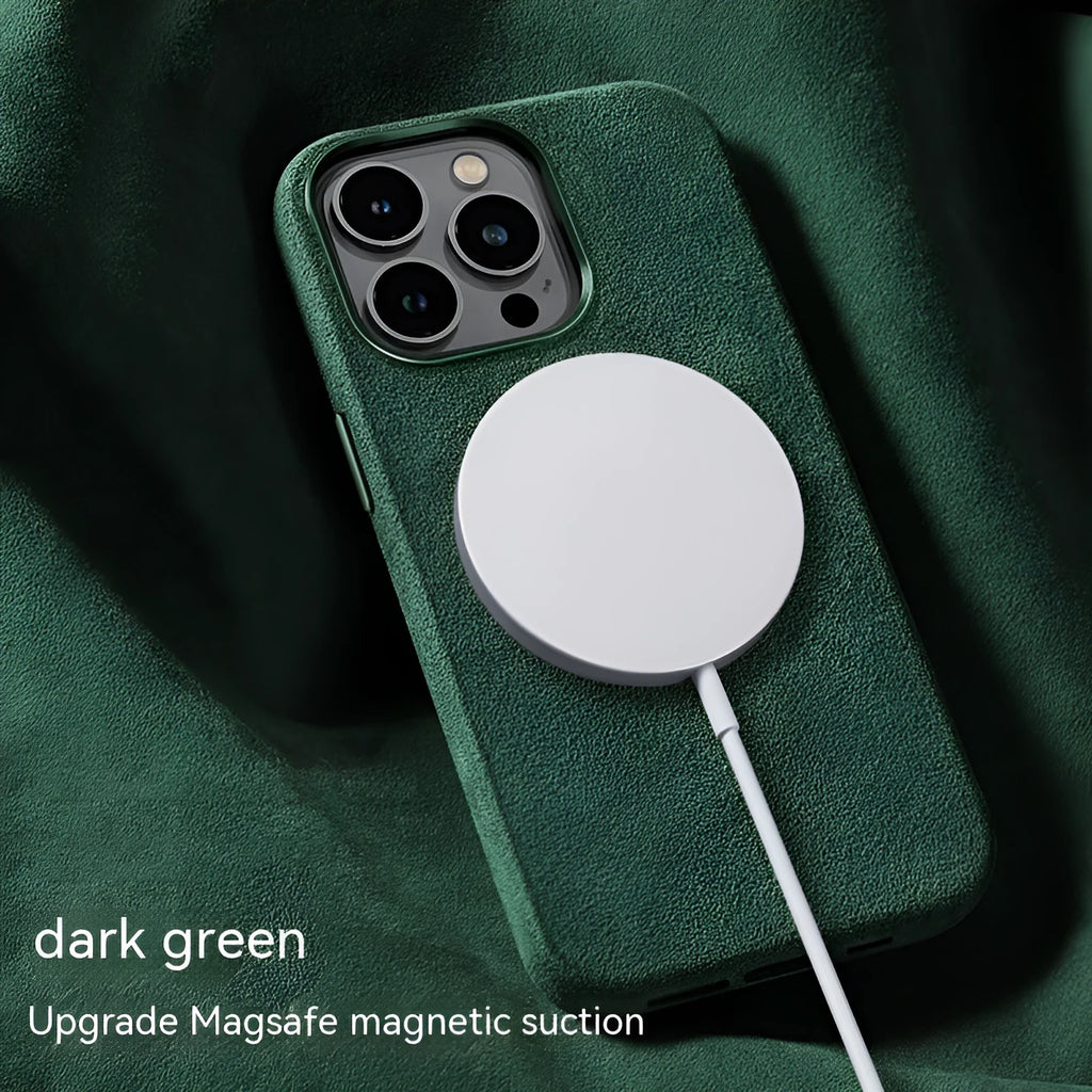 Suede magnetic wireless charging phone case in dark green, sea blue, dark purple, and black gray for iPhone models