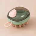 Blue and green 2-in-1 pet grooming brush with shampoo dispenser and silicone bristles