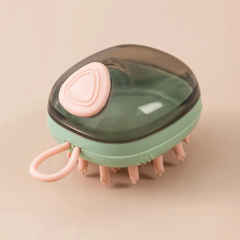 Blue and green 2-in-1 pet grooming brush with shampoo dispenser and silicone bristles